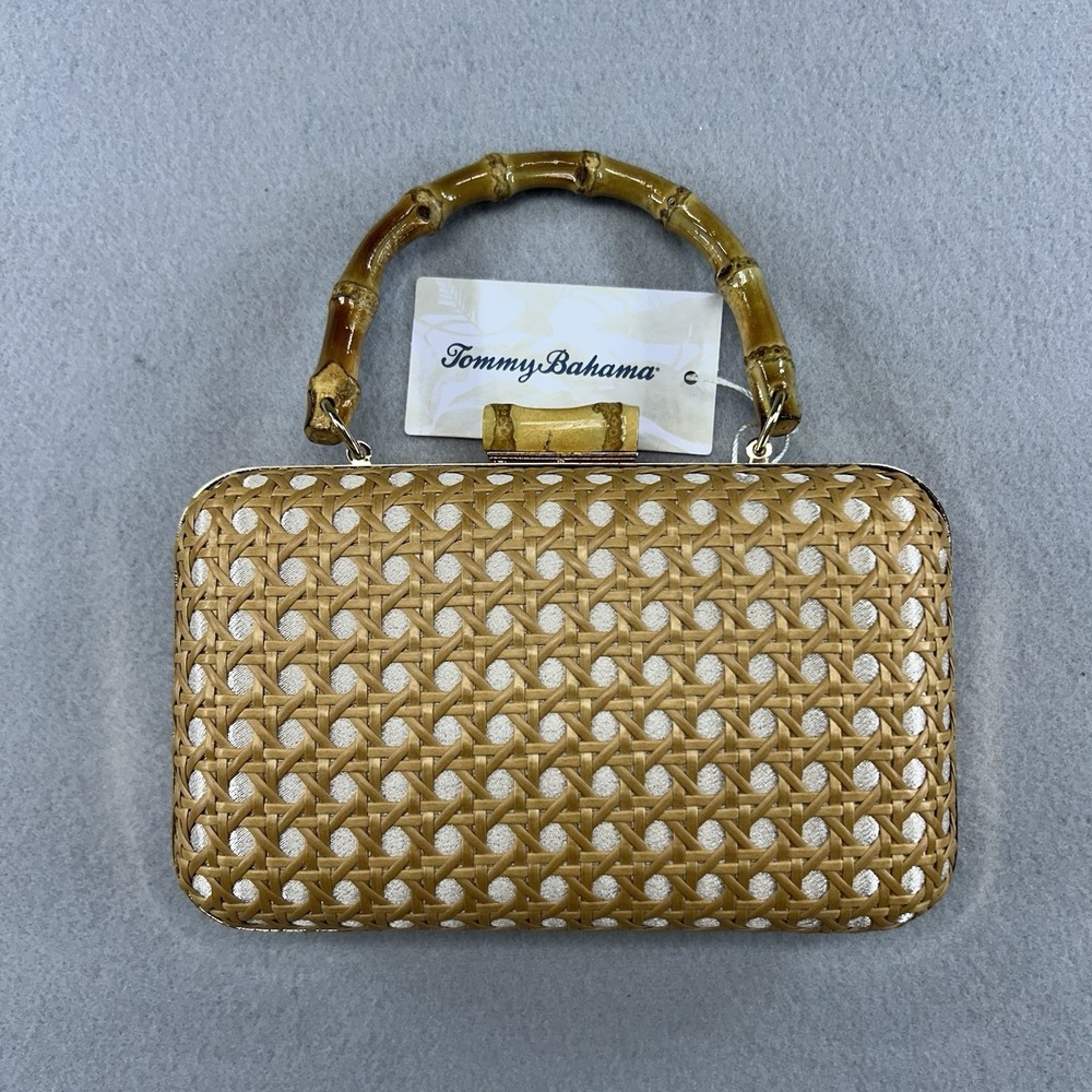 Tommy Bahama Woven Cane Bamboo Handle Clutch Bag Gold Chain Strap Tan White NEW